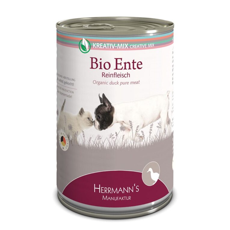 Herrmann’s - Nassfutter - Bio-Ente Reinfleisch (getreidefrei) Selection Kreativ Mix Reinfleisch von Herrmann’s ist für Hunde und Katzen aller Rassen und jeden Alters geeignet. Die Reinfleischlinie setzt auf 100% reinstes Fleisch in Bio-Qualität und eignet sich zum Mischen mit Obst