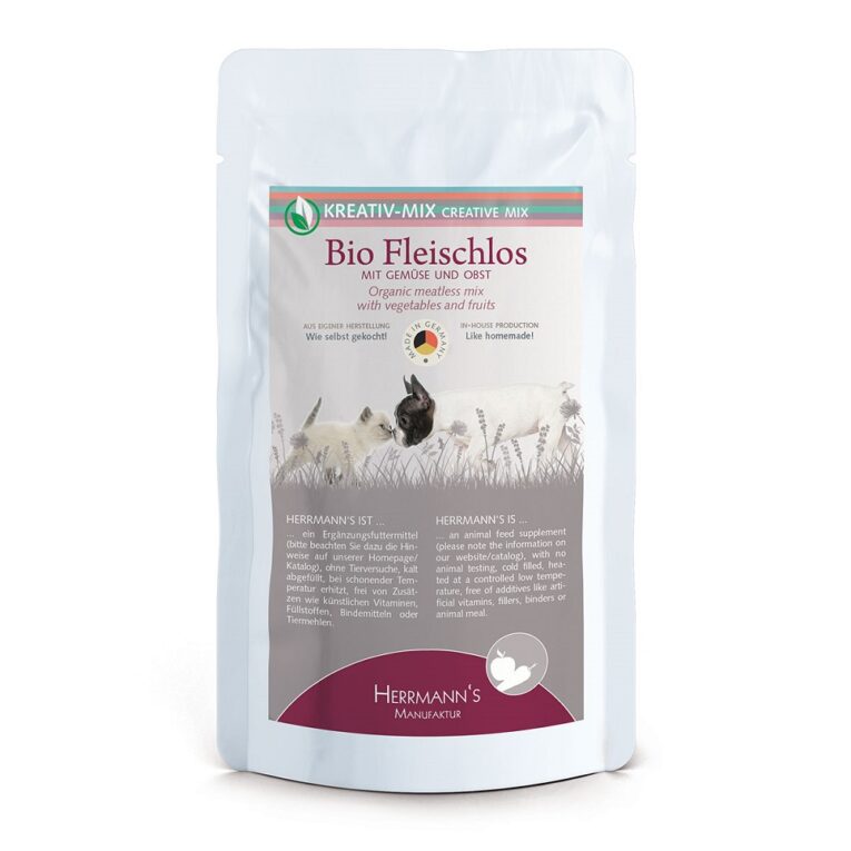 Herrmann’s - Ergänzungsfutter - Bio- Fleischlos (getreidefrei) Das Ergänzungsfutter Selection Kreativ Mix Bio-Fleischlos von Herrmann’s ist 100% vegetarisch und enthält feines Bio-Obst und Bio-Gemüse. Es ist ausschließlich aus Bestandteilen zusammengesetzt