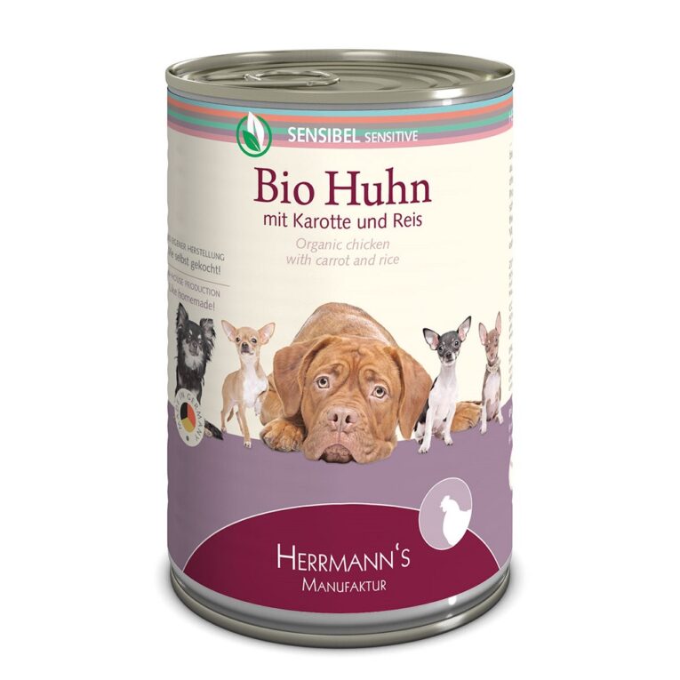 Herrmann’s - Nassfutter - Selection Sensibel Bio-Huhn mit Karotte und Reis (glutenfrei) Das neue hochwertige Nassfutter Huhn mit Karotte und Reis der Selection-Linie Sensibel von Herrmann’s beinhaltet ausschließlich hochwertige Zutaten in Bio-Qualität und verzichtet in seiner Zusammensetzung ganz auf Gluten oder Laktose. Herrmann’s Selection Sensibel ist auf die Bedürfnisse Hunden zugeschnitten