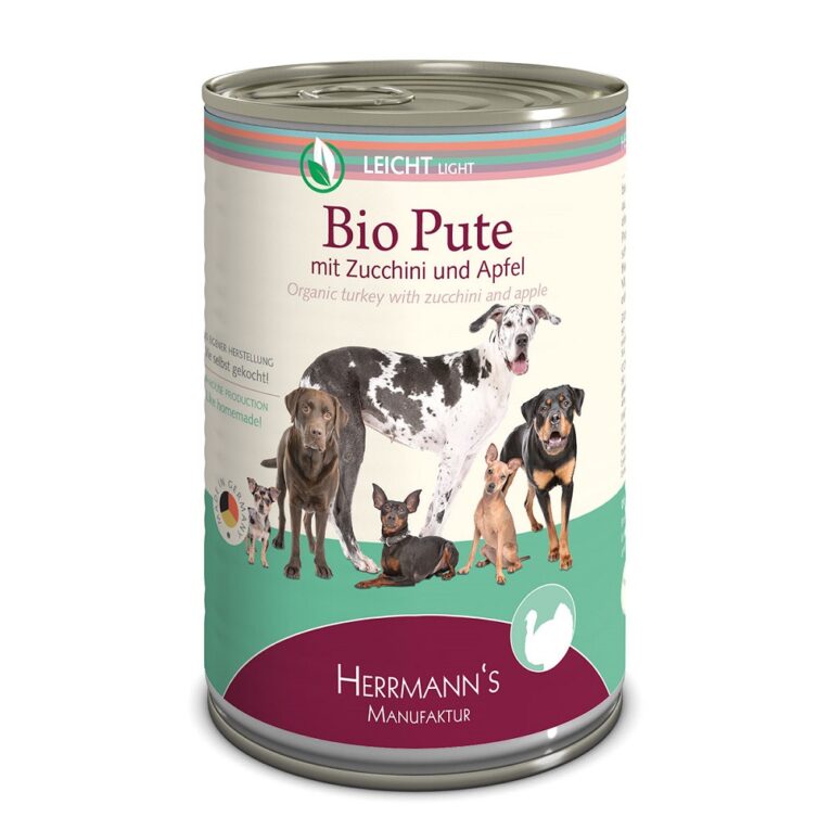 Herrmann’s - Nassfutter - Selection Leicht Bio-Pute mit Zucchini und Apfel (getreidefrei) Dieses neue hochwertige Nassfutter Bio-Pute mit Zucchini und Apfel der Selection-Linie Leicht von Herrmann’s beinhaltet ausschließlich hochwertige Zutaten in Bio-Qualität und verzichtet in seiner Zusammensetzung auf Getreide