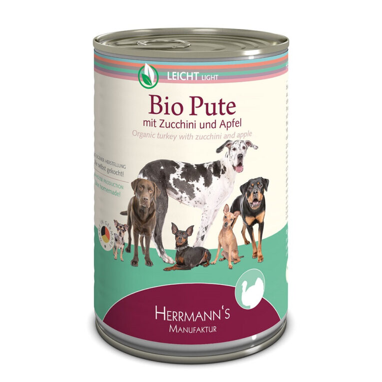 Herrmann’s - Nassfutter - Selection Leicht Bio-Pute mit Zucchini und Apfel (getreidefrei) Dieses neue hochwertige Nassfutter Bio-Pute mit Zucchini und Apfel der Selection-Linie Leicht von Herrmann’s beinhaltet ausschließlich hochwertige Zutaten in Bio-Qualität und verzichtet in seiner Zusammensetzung auf Getreide
