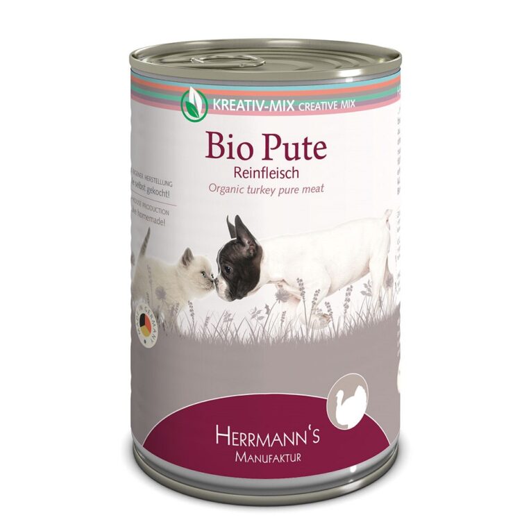 Herrmann’s - Nassfutter - Bio-Pute Reinfleisch (getreidefrei) Selection Kreativ Mix Reinfleisch von Herrmann’s ist für Hunde und Katzen aller Rassen und jeden Alters geeignet. Die Reinfleischlinie setzt auf 100% reinstes Fleisch in Bio-Qualität und eignet sich zum Mischen mit Obst