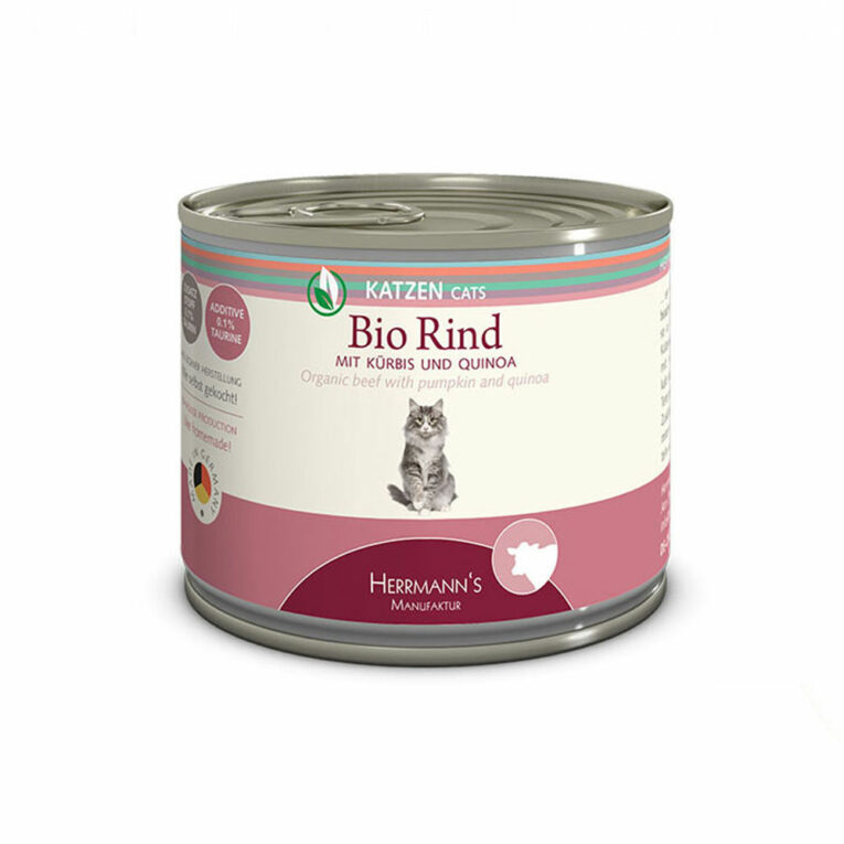 Herrmann’s - Nassfutter - Selection Bio-Rind mit Kürbis und Quinoa Dieses hochwertige Nassfutter der Selection-Linie für Katzen von Herrmann’s beinhaltet ausschließlich hochwertige Zutaten in Bio-Qualität. Herrmann’s Selection für Katzen ist ganz auf die speziellen Ernährungsbedürfnisse und den feinen Geschmack von Samtpfoten abgestimmt und beinhaltet einen hohen Fleischanteil von 96%
