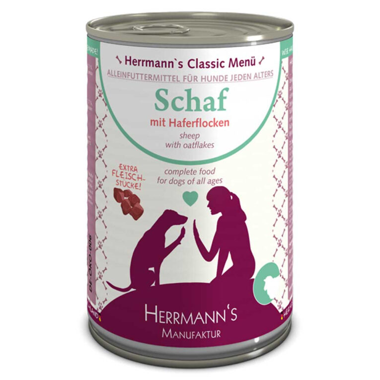 Herrmann’s - Nassfutter - Schaf mit Haferflocken Herrmann’s setzt mit seinem Hundefutter auf eine ausgiebige Ausarbeitung der Rezepturen unter Anleitung einer Fachärztin der Diätetik. Das Menü ist mit seiner ausgewogenen Rezeptur für Hunde aller Rassen und jeden Alters geeignet. Die Zutaten in Qualität sind dabei schmackhaft und liefern alle wichtigen Nährstoffe und Vitamine. Daher ist Herrmann’s Futter nach der Beutetheorie zusammengesetzt. Dies bedeutet: was der Wolf nach dem Töten des Beutetieres als erstes und was als letztes frisst