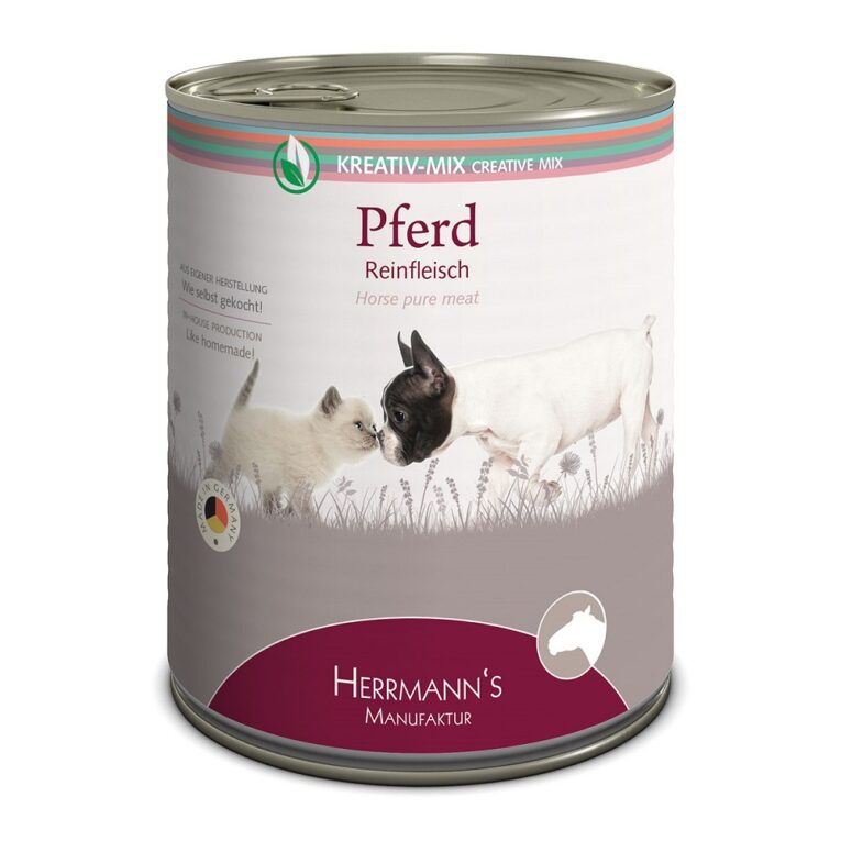 Herrmann’s - Nassfutter - Pferd Reinfleisch (getreidefrei) Selection Kreativ Mix Reinfleisch von Herrmann’s ist für Hunde und Katzen aller Rassen und jeden Alters geeignet. Die Reinfleischlinie setzt auf 100% reinstes Fleisch in höchster Qualität und eignet sich zum Mischen mit Obst