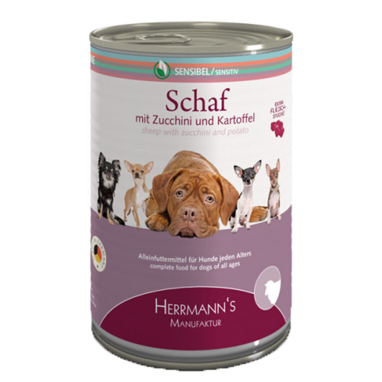 Herrmanns - Nassfutter - Selection Sensibel Schaf mit Zucchini und Kartoffeln (getreidefrei) Dieses neue hochwertige Nassfutter der Selection-Linie Sensibel von Hermanns beinhaltet ausschließlich hochwertige Zutaten und verzichtet in seiner Zusammensetzung ganz auf Getreide