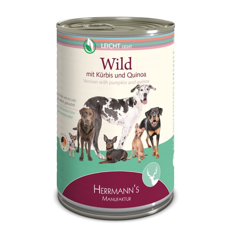 Herrmann’s - Nassfutter - Selection Leicht Wild mit Kürbis und Quinoa (glutenfrei) Dieses neue hochwertige Nassfutter der Selection-Linie Leicht von Herrmann’s beinhaltet Zutaten hochwertiger Qualität und verzichtet in seiner Zusammensetzung ganz auf Gluten oder Laktose. Herrmann’s Selection Leicht ist auf die Bedürfnisse von Hunden zugeschnitten