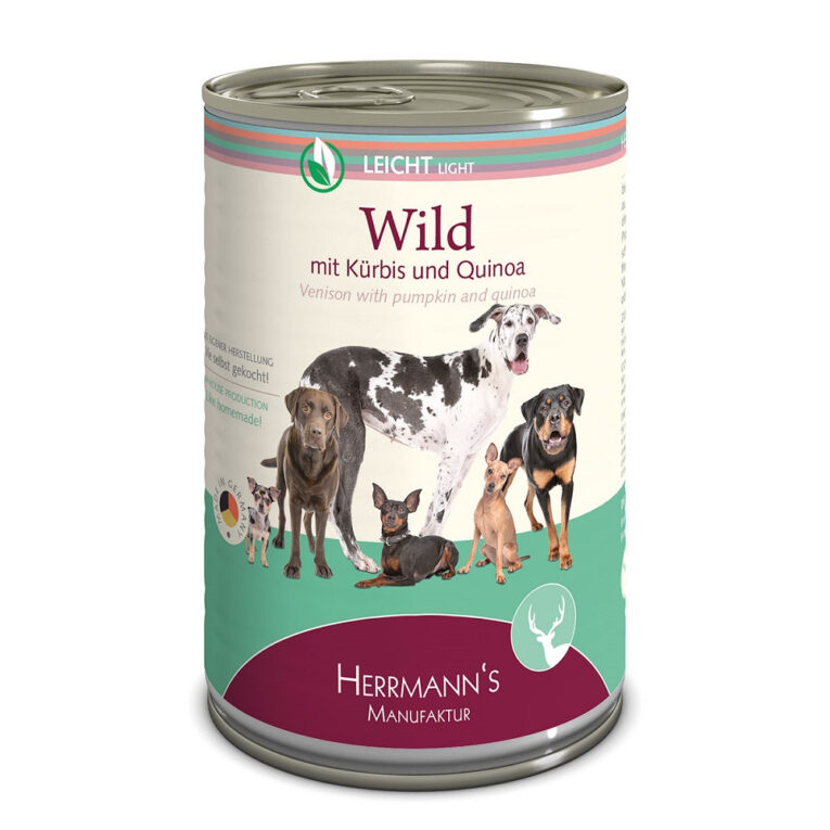 Herrmann’s - Nassfutter - Selection Leicht Wild mit Kürbis und Quinoa (glutenfrei) Dieses neue hochwertige Nassfutter der Selection-Linie Leicht von Herrmann’s beinhaltet Zutaten hochwertiger Qualität und verzichtet in seiner Zusammensetzung ganz auf Gluten oder Laktose. Herrmann’s Selection Leicht ist auf die Bedürfnisse von Hunden zugeschnitten