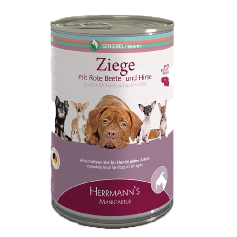 Herrmann’s - Nassfutter - Selection Sensibel Ziege mit roter Beete und Hirse (glutenfrei) Dieses neue hochwertige Nassfutter der Selection-Linie Sensibel von Herrmann’s beinhaltet ausschließlich hochwertige Zutaten in bester Qualität und verzichtet in seiner Zusammensetzung ganz auf Gluten oder Laktose. Herrmann’s Selection Sensibel ist auf die Bedürfnisse von Hunden zugeschnitten