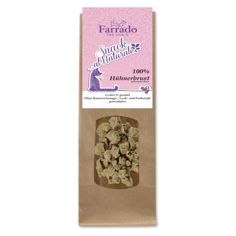 Farrado - Katzensnack - Snack al Naturale 100% Hühnerbrust (getreidefrei) Verwöhnen Sie Ihre Katze ganz natürlich und artgerecht mit dieser besonders feinen Neuigkeit aus dem Hause Farrado. Der Snack al Naturale aus 100% echtem