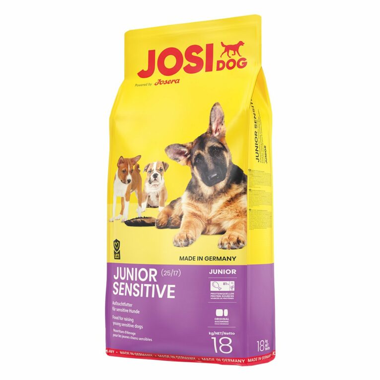 JosiDog Junior Sensitive - Das Menü für junge Sensibelchen. Die glutenfreie Rezeptur mit angepasstem Energiegehalt unterstützt eine moderate Wachstumsgeschwindigkeit und einen kräftigen Knochenbau.