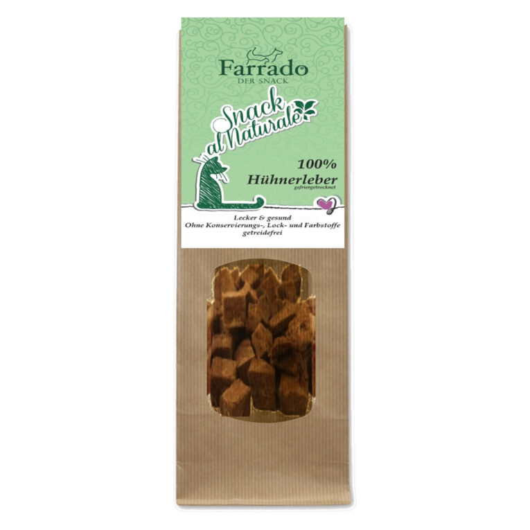 Farrado - Katzensnack - Snack al Naturale 100% Hühnerleber (getreidefrei) Verwöhnen Sie Ihre Katze ganz natürlich und artgerecht mit dieser besonders feinen Neuigkeit aus dem Hause Farrado. Der Snack al Naturale aus 100% echter
