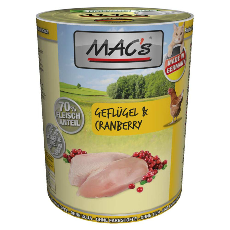 Mac’s - Nassfutter - Geflügel & Cranberries (getreidefrei) Diesem getreidefreien Nassfutter von Mac’s sind neben schmackhaftem Geflügel- und Rindfleisch auch leckere Cranberries beigefügt