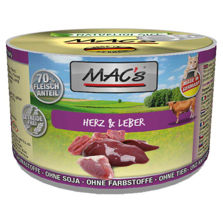 Mac’s - Nassfutter - Herz & Leber (getreidefrei) Diesem getreidefreien Nassfutter von Mac’s sind neben wohlschmeckendem Rindfleisch auch Rinderherzen sowie Rinderleber beigefügt. So wird dieses vollwertige Menü zu einem ausgezeichneten Geschmackserlebnis für Ihren Stubentiger. Zudem ist Leber ein wichtiger Lieferant für das fettlösliche Vitamin A. Das Futter enthält außerdem Nachtkerzenöl