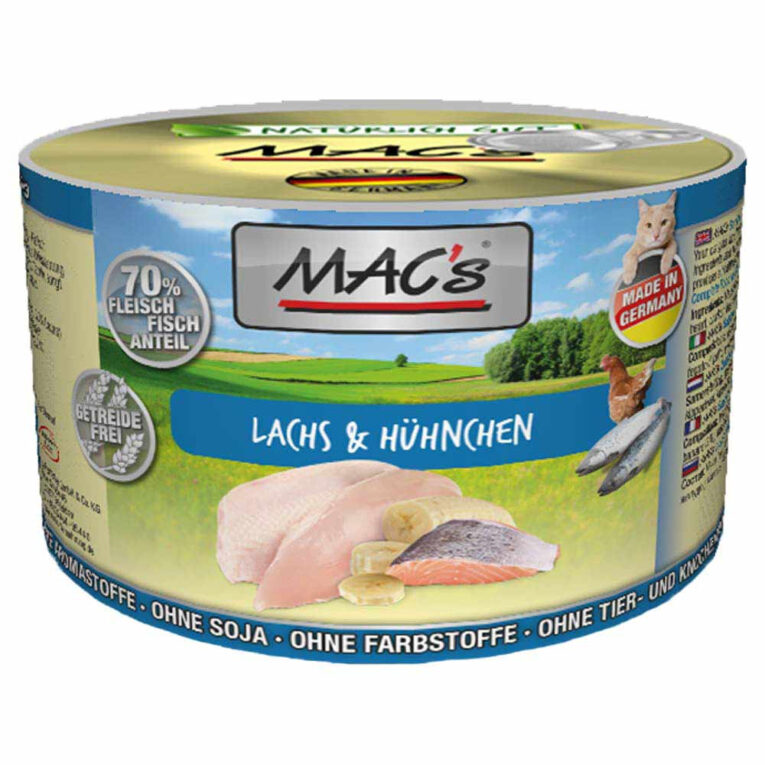 Mac’s - Nassfutter - Lachs & Hühnchen (getreidefrei) Diesem getreidefreien Nassfutter von Mac’s ist neben schmackhaften Hühnchenfleisch und Lachs auch Lachsöl hinzugefügt. Die Mischung aus Hühnchenherzen