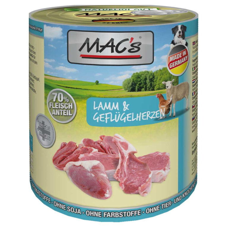 Mac’s - Nassfutter - Lamm & Geflügelherzen Das Nassfutter Lamm & Geflügelherzen von Mac’s überzeugt vor allem durch seinen hohen Fleischanteil von mindestens 65%. Durch die glutenfreie Zusammensetzung aus Fleisch und leicht verdaulichem Reis eignet sich das Futter ganz besonders gut für empfindliche Hundemägen. Als nährstoffreiche Zugabe