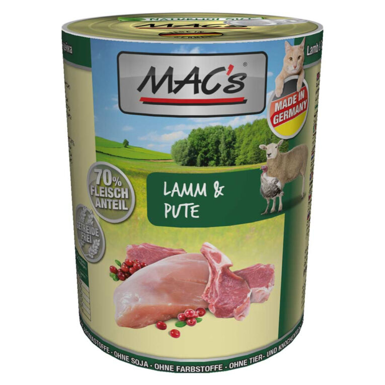 Mac’s - Nassfutter - Lamm & Pute (getreidefrei) Diesem getreidefreien Nassfutter von Mac’s sind neben schmackhaften Puten- und Lammfleisch auch leckere Preiselbeeren beigefügt