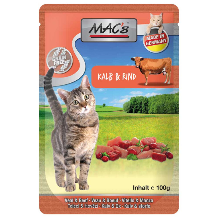 Mac’s - Nassfutter - Cat Pouch Pack Kalb & Rind (getreidefrei) Dieses getreidefreie Nassfutter von Mac’s wird Ihrem Stubentiger hervorragend schmecken. Herzhaftes Kalb-