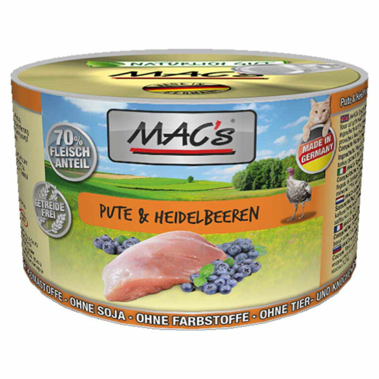 Mac’s - Nassfutter - Pute & Heidelbeeren (getreidefrei) Diesem getreidefreien Nassfutter von Mac’s sind neben schmackhaften Putenfleisch auch Putenherzen und Putenleber hinzugefügt. So wird dieses vollwertige Menü zu einem ausgezeichneten Geschmackserlebnis für Ihren Stubentiger. Zudem ist Leber ein wichtiger Lieferant für das fettlösliche Vitamin A. Mit diesem schonend hergestellten Alleinfutter ist Ihre Katze optimal versorgt. Neben Putenfleisch sind in diesem Produkt auch Rinderherzen und Rinderleber enthalten. Die Heidelbeeren runden dieses Geschmackserlebnis durch ihre fruchtige Note ab. Bei der Herstellung dieses fleischreichen Futters wird bewusst auf den Zusatz von Farbstoffen