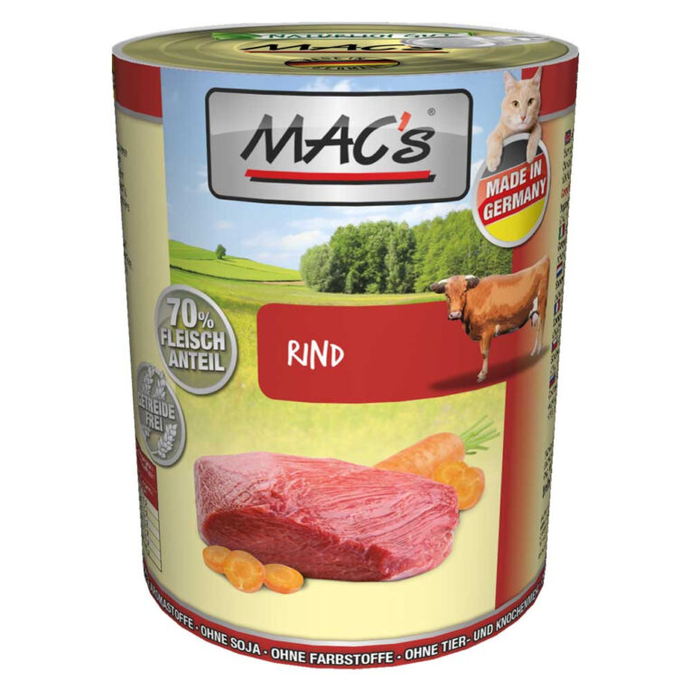 Mac’s - Nassfutter - Rind (getreidefrei) Dieses Nassfutter von Mac’s enthält hochwertiges Fleisch vom Rind und außerdem gesunde Karotten. Die schonende Herstellung erfolgt ohne den Zusatz von Getreide