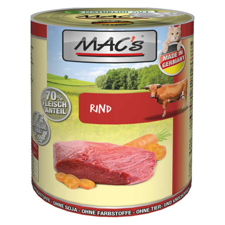 Mac’s - Nassfutter - Rind (getreidefrei) Dieses Nassfutter von Mac’s enthält hochwertiges Fleisch vom Rind und außerdem gesunde Karotten. Die schonende Herstellung erfolgt ohne den Zusatz von Getreide