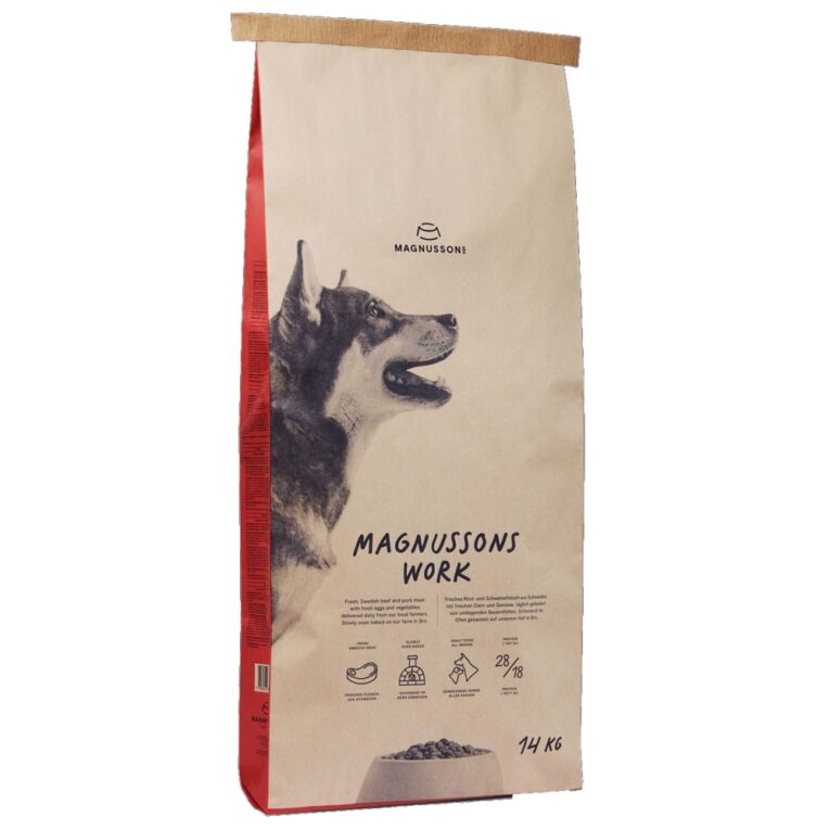 Work von Magnusson ist ein vollwertiges Trockenfutter für erwachsene Hunde mit viel Energiebedarf. Es beinhaltet viele erlesene Proteine und Fette