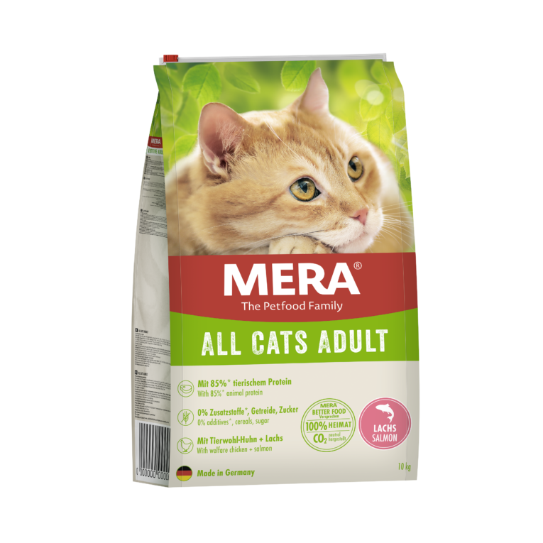 Mera Cats All Cats Lachs 10 kg MERA THE PETFOOD FAMILY. AUS LIEBE ZUM TIER UND ZUR NATUR. Wir lieben Tiere. Damit fing vor über 70 Jahren alles an. Mit dieser Liebe und mit dem Wunsch