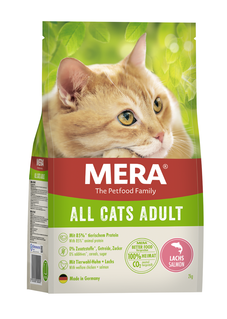 Mera Cats All Cats Lachs 2 kg MERA THE PETFOOD FAMILY. AUS LIEBE ZUM TIER UND ZUR NATUR. Wir lieben Tiere. Damit fing vor über 70 Jahren alles an. Mit dieser Liebe und mit dem Wunsch