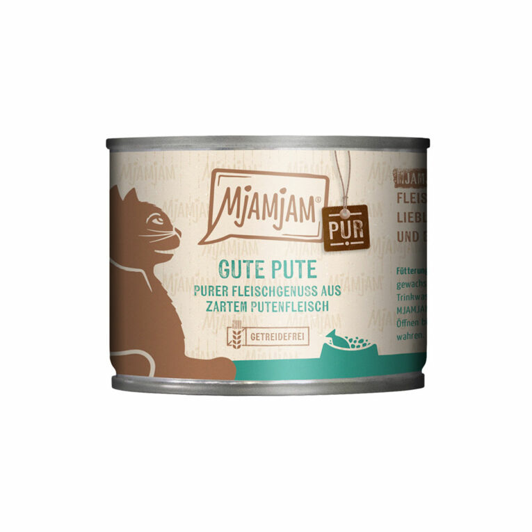 Mjamjam - Nassfutter - Pur Gute Pute (getreidefrei) Mjamjam Nassfutter Pur Gute Pute bietet Ihrer Samtpfote den puren Fleischgenuss. Die schmackhafte Single-Protein Rezeptur mit Putenfleisch als einzige Proteinquelle versorgt Ihren Liebling mit allen wichtigen Vitaminen und Mineralien. Zudem enthält das Nassfutter ausreichend Taurin. Pur Gute Pute von Mjamjam ist ein artgerechtes Alleinfuttermittel für Katzen. Eine Rezeptur frei von Getreide