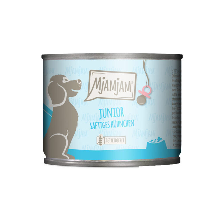 Mjamjam – Nassfutter – Junior saftiges Hühnchen mit Ei Mjamjam Junior saftiges Hühnchen mit Ei ist ein schmackhaftes Alleinfuttermittel für Welpen und junge Hunde bis zum ersten Lebensjahr. Durch seinen hohen Anteil an Hühnchenfleisch als einzige tierische Proteinquelle