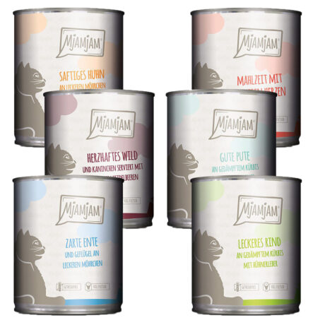 Mjamjam | Mixpaket mit Wild& Kaninchen, Pute, Ente, Herzen, Huhn und Rind | Mahlzeit | 6 x 800 g