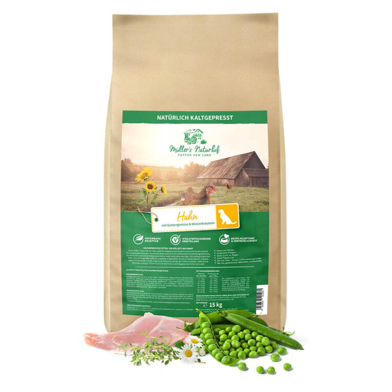 Das natürlich kaltgepresste Trockenfutter Huhn mit Gartengemüse und Wiesenkräuter enthält qualitativ hochwertiges Hühnchenfleisch verfeinert mit knackigem Gemüse und Wiesenkräutern. Die glutenfreie Rezeptur mit Reis und Mais quellt nicht im Magen und ist leicht verdaulich. Es wird zu 100 % in Deutschland hergestellt und ist frei von Farb