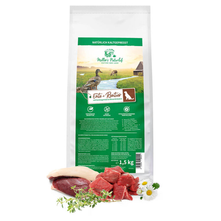 Müller’s Naturhof - Trockenfutter - Natürlich Kaltgepresst Ente und Rentier mit Forelle und Wiesenkräutern (getreidefreie Rezeptur) Müller’s Naturhof Trockenfutter Natürlich Kaltgepresst ist ein hochqualitatives Trockenfutter mit hochwertigen Proteinen aus Ente