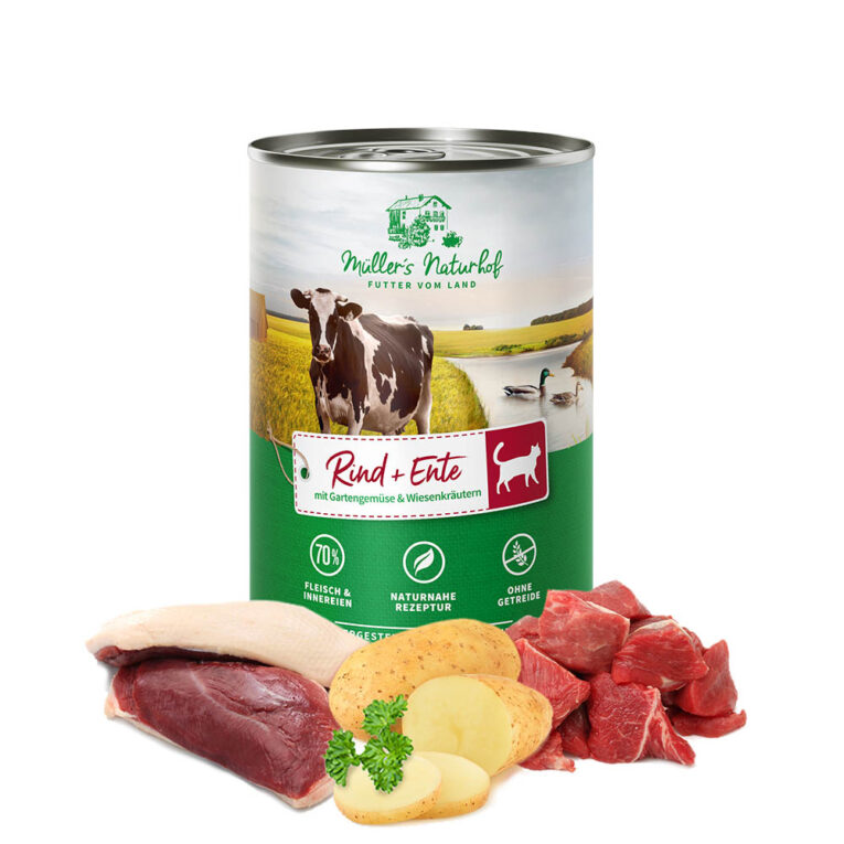 Müller’s Naturhof - Nassfutter - Rind und Ente mit Gartengemüse und Wiesenkräutern (getreidefrei) Müller’s Naturhof Rind und Ente mit Gartengemüse und Wiesenkräutern vereint das Beste vom Land zu einem hochwertigen