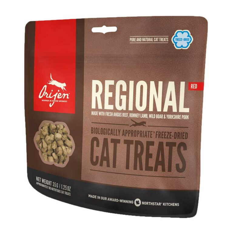 Orijen - Katzensnack - Freeze Dried Treat Regional Red Cat (getreidefrei) Orijen Regional Red Cat Katzensnacks sind getreidefrei und bestehen aus proteinreichem rotem Fleisch. Die Zusammenstellung aus frischem Fleisch von Angus-Rind