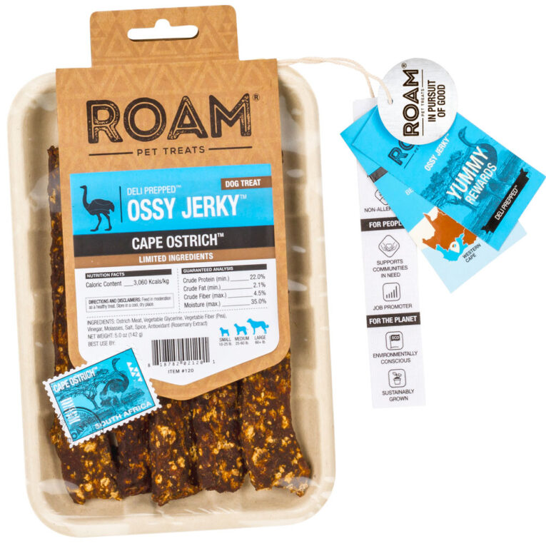 Roam Pet Treats - Hundesnack - Strauß Kaustreifen Ossy Jerky (getreidefrei) Die getreidefreien Strauß Kaustreifen der Marke Roam Pet Treats zeichnen sich durch eine besonders hochwertige Fleischqualität aus