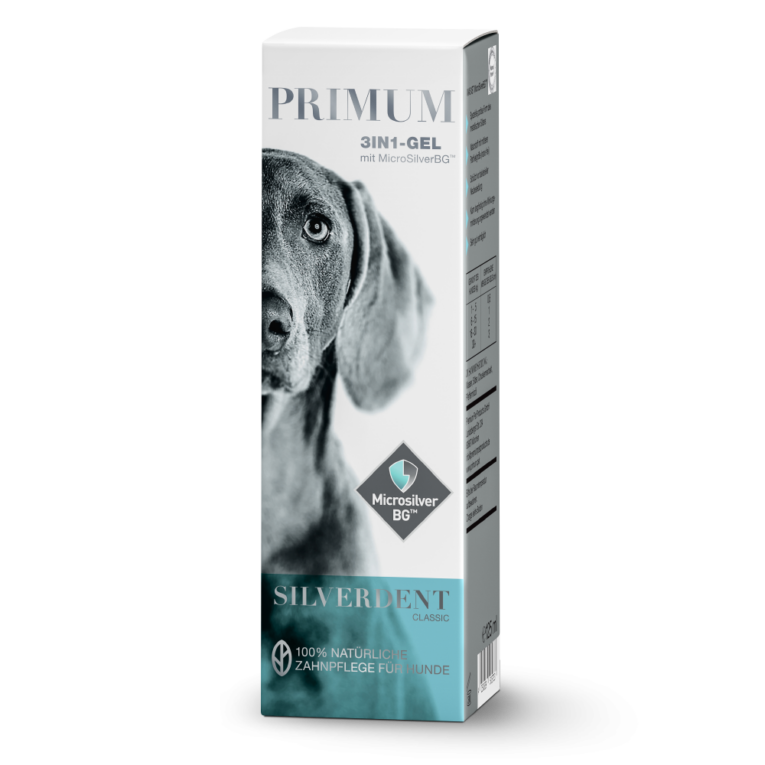 Primum - Zahnpflege - SilverDent Classic 3in1 Gel Primum SilverDent Classic 3in1 Gel mit MicroSilverBG verbessert nachhaltig die Maulhygiene Ihres Hundes und sorgt für schöne und gesunde Zähne. Die Zahnpflege-Produkte von Primum sind zu 100% natürlich und gut verträglich. Warum ist Zahnpflege beim Hund wichtig? Leidet Ihr Hund unter Zahnschmerzen oder entzündetem Zahnfleisch