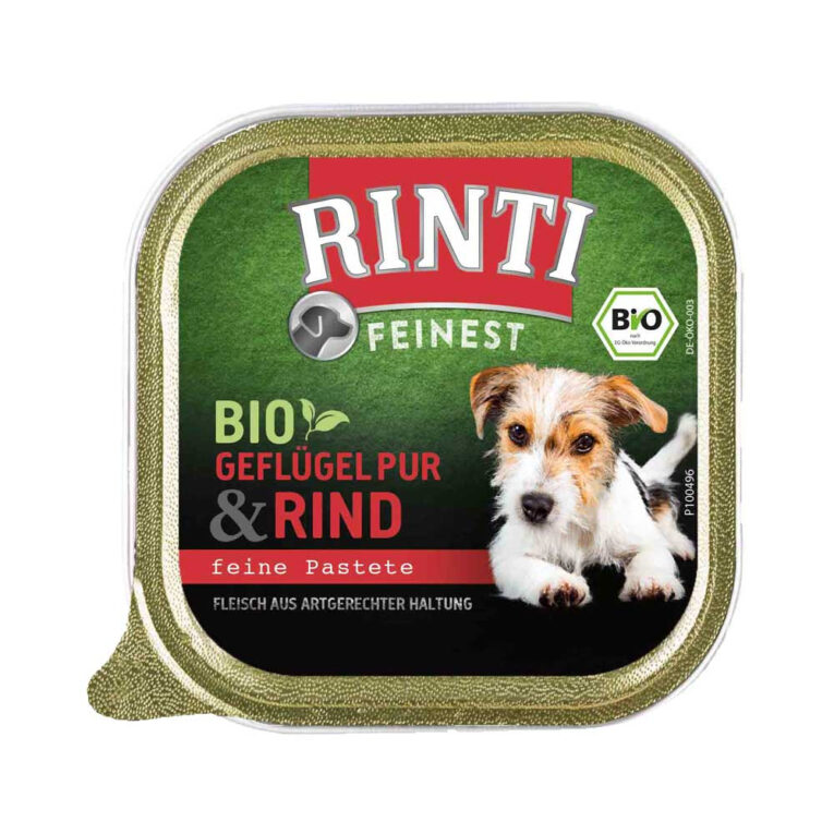 Rinti - Nassfutter - Bio Feinest Rind (getreidefrei) Rinti Feinest Bio ist ein Bio-Alleinfuttermittel für eine natürliche und ausbalancierte Ernährung
