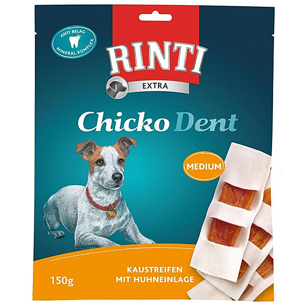 Rinti - Kausnack - Extra Chicko Dent Medium Kaustreifen mit Huhneinlage Die tägliche Zahnpflege sollte auch bei Hunden nicht zu kurz kommen. Daher unterstützt der Zahnpflegesnack Extra Chicko Dent Huhn Medium von Rinti einfach und effektiv die Zahnreinigung Ihres Hundes. In Form von Kaustreifen mit Huhneinlage fördert die Kombination aus natürlichen Zutaten und einem Mineralkomplex die Mundhygiene. Chicko Dent wird im Fleischanteil ausschließlich aus bissfester Rinderhaut und einer Einlage aus frischem Hühnerfilet zubereitet