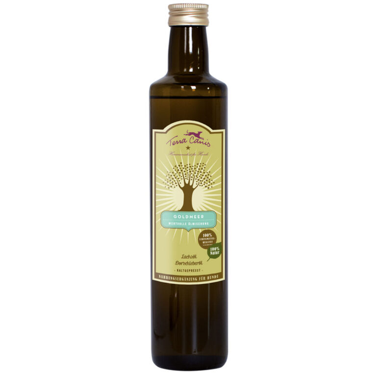 Terra Canis - Ergänzungsfutter - Goldmeer Das Ergänzungsfutter Goldmeer von Terra Canis enthält zwei wertvolle Ölsorten; Lachsöl und Dorschleberöl. Das Öl liefert wertvolle Omega-3-Fettsäuren und kann das Immunsystem stärken. Zur Erzeugung des Terra Canis Goldmeer Öls wird ausschließlich Fischöl aus nachhaltigem Fischfang verwendet. Das Öl ist kaltgepresst. Goldmeer von Terra Canis eignet sich für Hunde aller Rassen und jeden Alters. Die wichtigsten Eigenschaften von Goldmeer der Firma Terra Canis: 2 verschiedene Ölsorten Mit hochwertigen Fettsäuren Fischöl aus nachhaltigem Fischfang Für alle Rassen geeignet Für Hunde jeden Alters