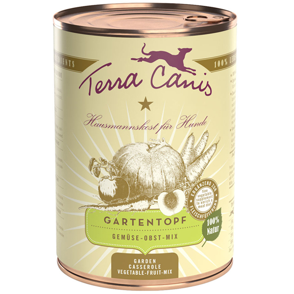 Terra Canis - Ergänzungsfutter - Gartentopf (getreidefrei) Terra Canis bietet mit dem Gartentopf eine optimale Futterergänzung zu Fleischmahlzeiten. Frische und gesunde Zutaten in Lebensmittelqualität vervollständigen dabei den Speiseplan des Hundes. Der Gartentopf enthält 80% feines Gemüse und 20% gesundes Obst. Durch seine wertvolle Zusammensetzung und das schonende Garverfahren werden die Pflanzenfasern optimal aufgeschlossen und fördern eine gesunde Verdauung. Vitamine und Mineralstoffe bleiben dabei erhalten und liefern wichtige Nährstoffe