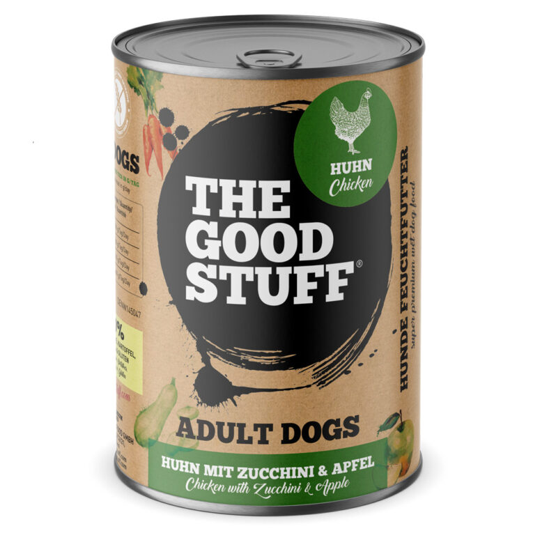 The Goodstuff - Nassfutter - Huhn & Zucchini (getreidefrei) Das Nassfutter mit Huhn und Zucchini von The Goodstuff ist ein Alleinfuttermittel für erwachsene Hunde aller Rassen und Größen. Das Premium Futter überzeugt durch eine natürliche Zusammensetzung ganz ohne Getreide. In dem Nassfutter von The Goodstuff wird ausschließlich frisches Hühnermuskelfleisch sowie Innereien in Lebensmittelqualität verarbeitet. Neben dem hervorragenden Geschmack ist das frische Fleisch zusätzlich reich an wichtigen Nährstoffen und essentiellen