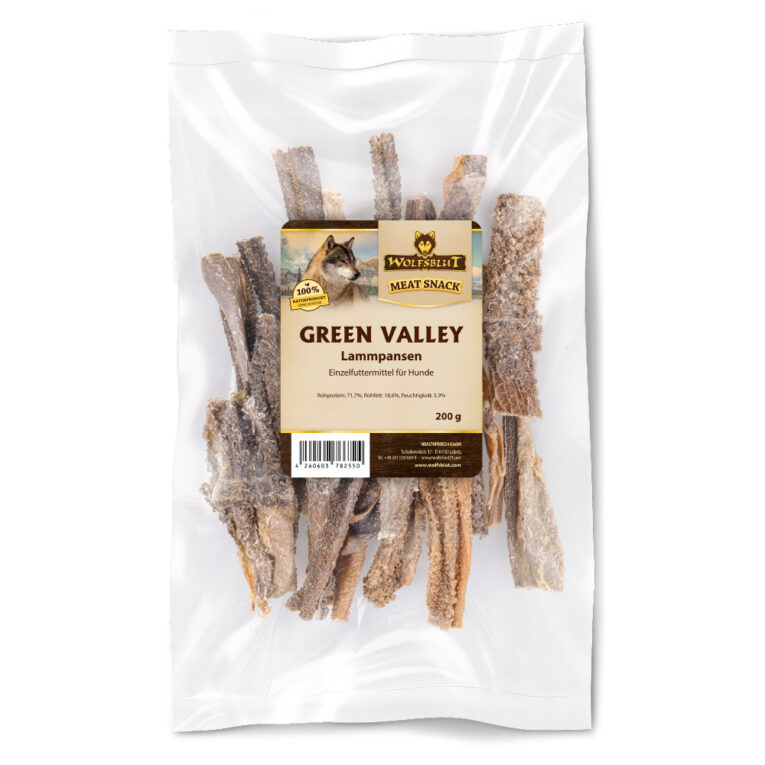 Wolfsblut Kauartikel - Green Valley Lammpansen Der Kauartikel Green Valley Lammpansen von Wolfsblut zeichnet sich durch seine gute Verträglichkeit und sein Aroma aus. Perfekt geeignet für sensible und allergiegefährdete Hunde kommt dieser naturbelassene Snack dem ursprünglichen Beuteschema des Hundes besonders nahe. Hergestellt durch schonende Trocknung ist dieser Artikel frei von Farb- und Konservierungsstoffen und perfekt für die Zahnpflege auf natürliche Art. Wolfsblut Kauartikel - Green Valley Lammpansen im Überblick: Naturprodukt Schonend luftgetrocknet Singleprotein Ohne künstliche Zusätze Unterstützt die Zahnpflege Ideale Alternative und Ergänzung zu Frischfleisch Sinnvolle Beschäftigung Entspricht dem ursprünglichen Beuteschema Ihres Hundes Besonders schmackhaft Nahrhaft und leicht verdaulich Für jedes Hundealter geeignet