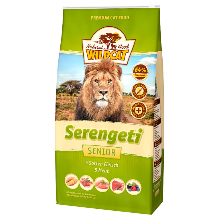 Wildcat - Trockenfutter - Serengeti Senior (getreidefrei) Das getreidefreie Trockenfutter Serengeti Senior der Marke Wildcat ist ein Alleinfuttermittel für ältere Katzen aller Rassen. Hauptbestandteil des Trockenfutters ist schmackhaftes Fleisch von Truthahn