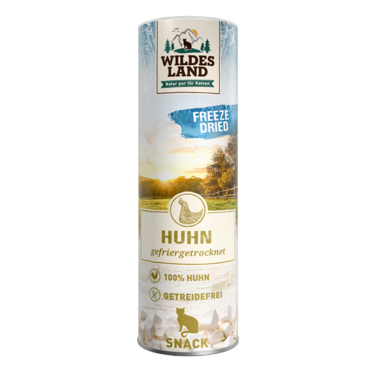 Wildes Land - Katzensnack - Freeze Dried Snack Huhn 30 g Die Freeze Dried Snacks für Katzen von Wildes Land aus 100% frischem Huhn sind ein echter Leckerbissen für Ihre Katze. Hierfür wird frisches Hühnerfleisch zuerst in Würfel geschnitten und dann eingefroren. Anschließend wird dem Fleisch in der Gefriertrocknungskammer durch ein Vakuum der Wasseranteil entzogen. Alle wichtigen Vitamine und Nährstoffe sowie der natürliche Geschmack bleiben dabei erhalten. Auf Zucker