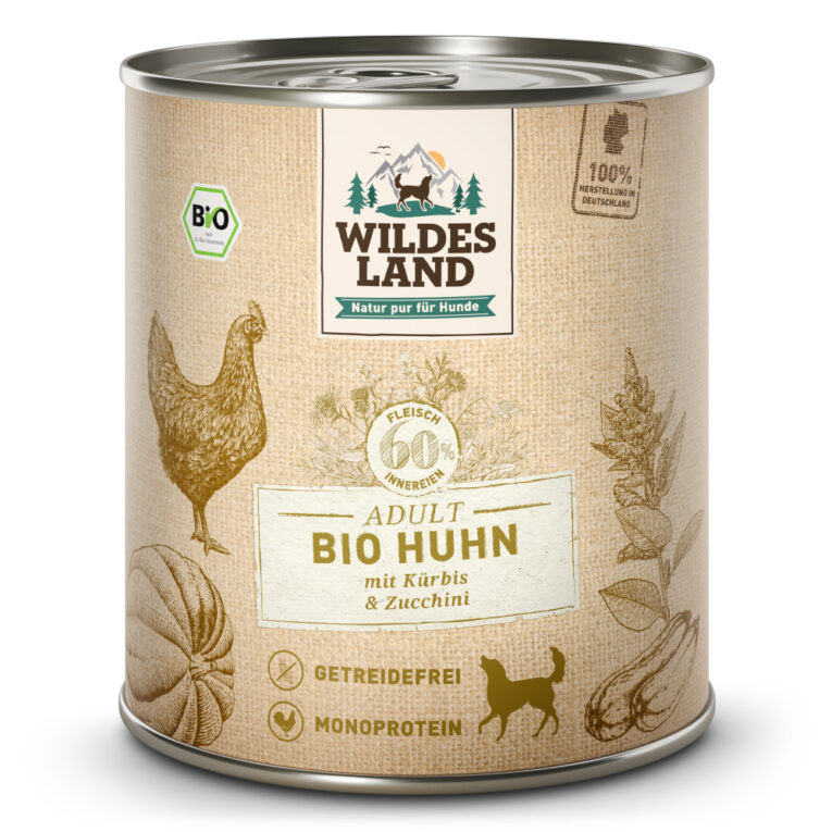 Wildes Land - Nassfutter - Bio Huhn mit Amaranth 24 x 800 g Für das Wohlbefinden und die Gesundheit Ihres Hundes ist eine ausgewogene Ernährung mit hochwertigen Proteinen unerlässlich. Das Bio-Nassfutter Wildes Land Huhn stammt aus kontrolliert biologischer Landwirtschaft und basiert auf der Ursprünglichkeit und Kraft der Natur. Deshalb enthält die Sorte Huhn kein Getreide und nur eine hochwertige Proteinquelle für eine artgerechte Ernährung. Mit einem Gesamtanteil an Fleisch und Innereien von 60 % besitzt es eine ausgezeichnete Akzeptanz und Verträglichkeit. Ergänzt wird die Rezeptur mit Amaranth
