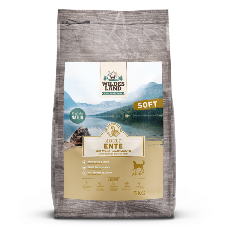 Wildes Land - Trockenfutter - Soft Ente mit Reis und Wildkräutern 3 x 5 kg Für das Wohlbefinden und die Gesundheit Ihres Hundes ist eine ausgewogene Ernährung unerlässlich. Das halbfeuchte Hundefutter Soft Ente mit Reis und Wildkräutern von Wildes Land versorgt Ihren Hund mit wichtigen Nährstoffen und Vitaminen
