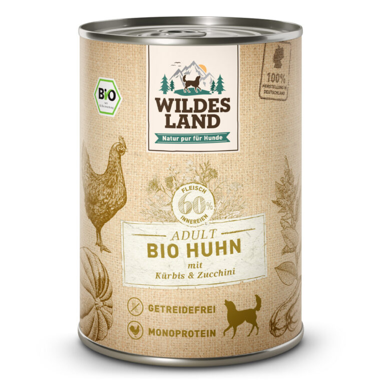 Wildes Land - Nassfutter - Bio Huhn mit Kürbis & Zucchini 6 x 400 g Für das Wohlbefinden und die Gesundheit Ihres Hundes ist eine ausgewogene Ernährung mit hochwertigen Proteinen unerlässlich. Das Bio-Nassfutter Wildes Land Huhn stammt aus kontrolliert biologischer Landwirtschaft und basiert auf der Ursprünglichkeit und Kraft der Natur. Deshalb enthält die Sorte Huhn kein Getreide und nur eine hochwertige Proteinquelle für eine artgerechte Ernährung. Mit einem Gesamtanteil an Fleisch und Innereien von 60 % besitzt es eine ausgezeichnete Akzeptanz und Verträglichkeit. Ergänzt wird die Rezeptur mit Amaranth