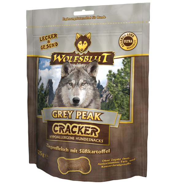 Grey Peak Cracker Snack mit Ziegenfleisch & Süßkartoffel Wolfsblut Cracker sind Hundekekse ohne Getreide und ohne Gluten mit einem hohen Fleischanteil. Die Cracker enthalten ebenso keinen industriell hergestellten Zucker
