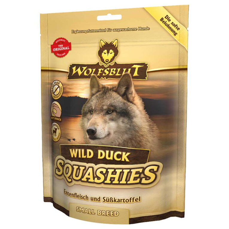 Squashies Wild Duck Small Breed Softe Hundesnacks mit Entenfleisch und Süßkartoffel für kleine Hunderassen Der softe Hundesnack von WOLFSBLUT - ein Leckerli und Trainingssnack im praktischen